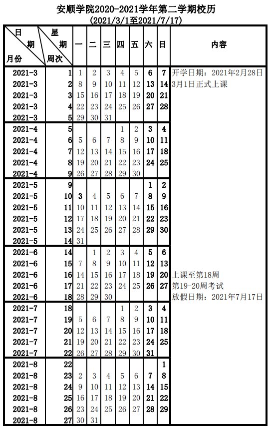 安顺学院校历2020（放假+开学）