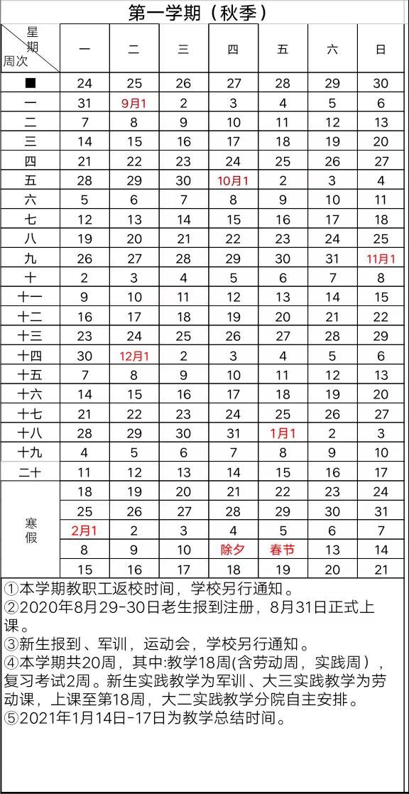 凯里学院校历2020-2021年度