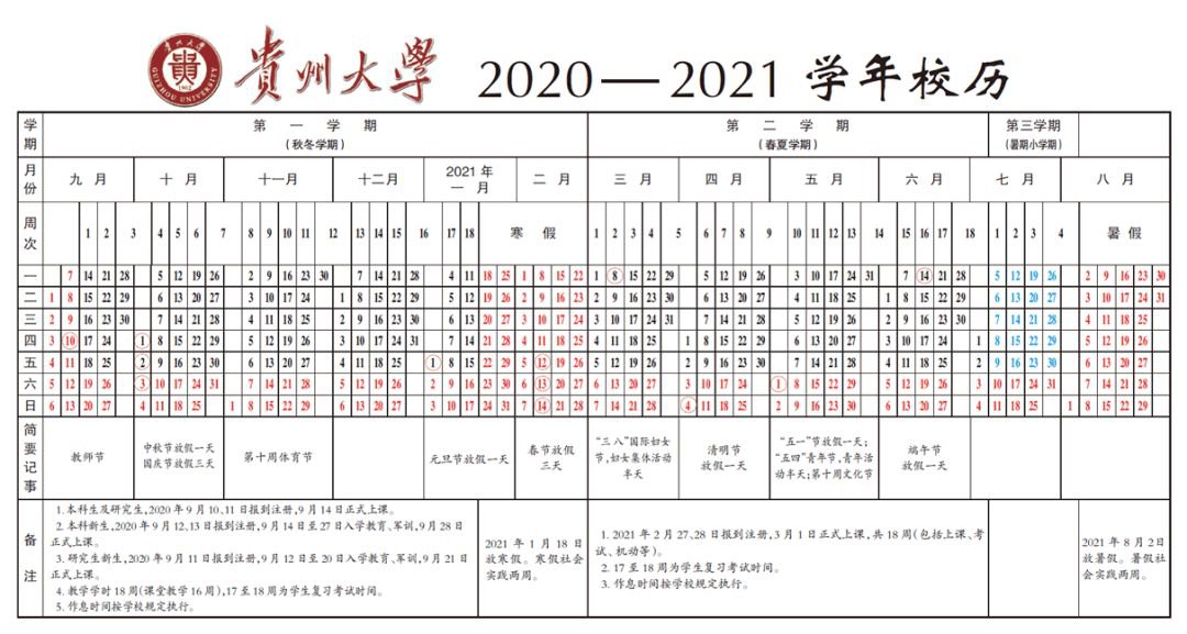 贵州大学校历2020-2021（附寒暑假时间）