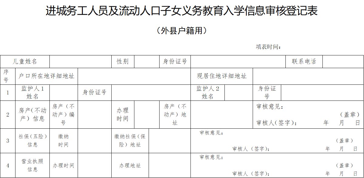 修文县随迁子女义务教育入学信息审核登记表（外县户籍）