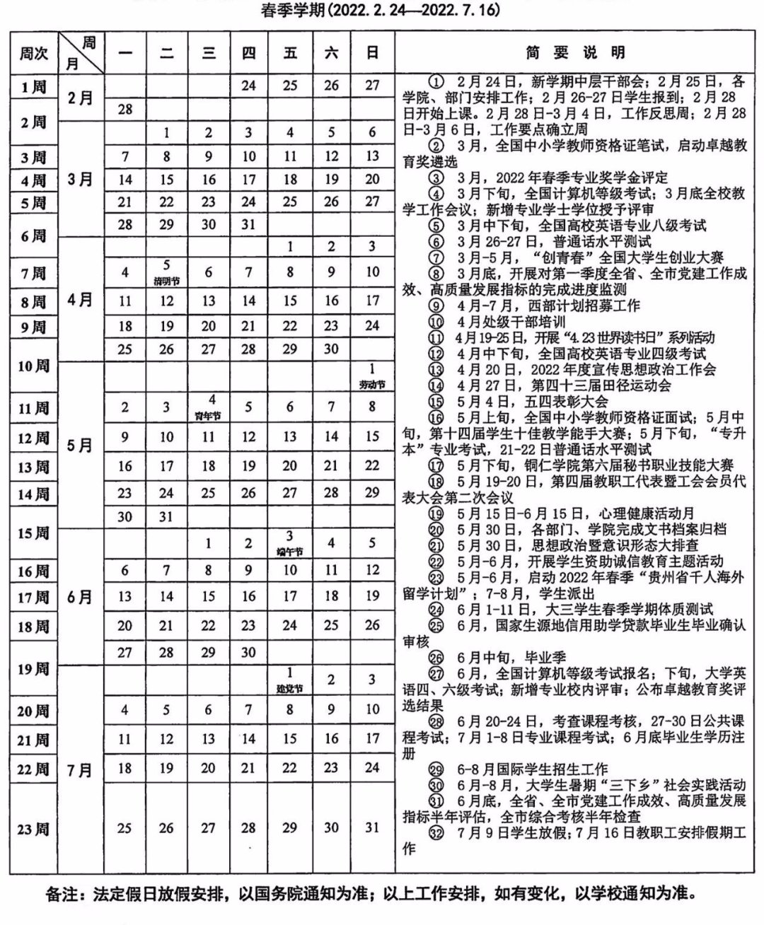 2021-2022学年度铜仁学院校历（秋季学期+春季学期）