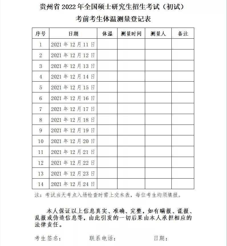 贵州省2022考研考前14天体温测量登记表下载方式